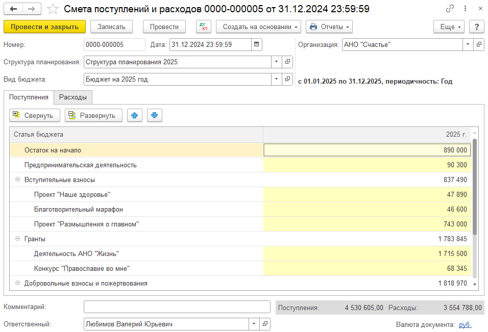 Статья бюджета – Остаток на начало