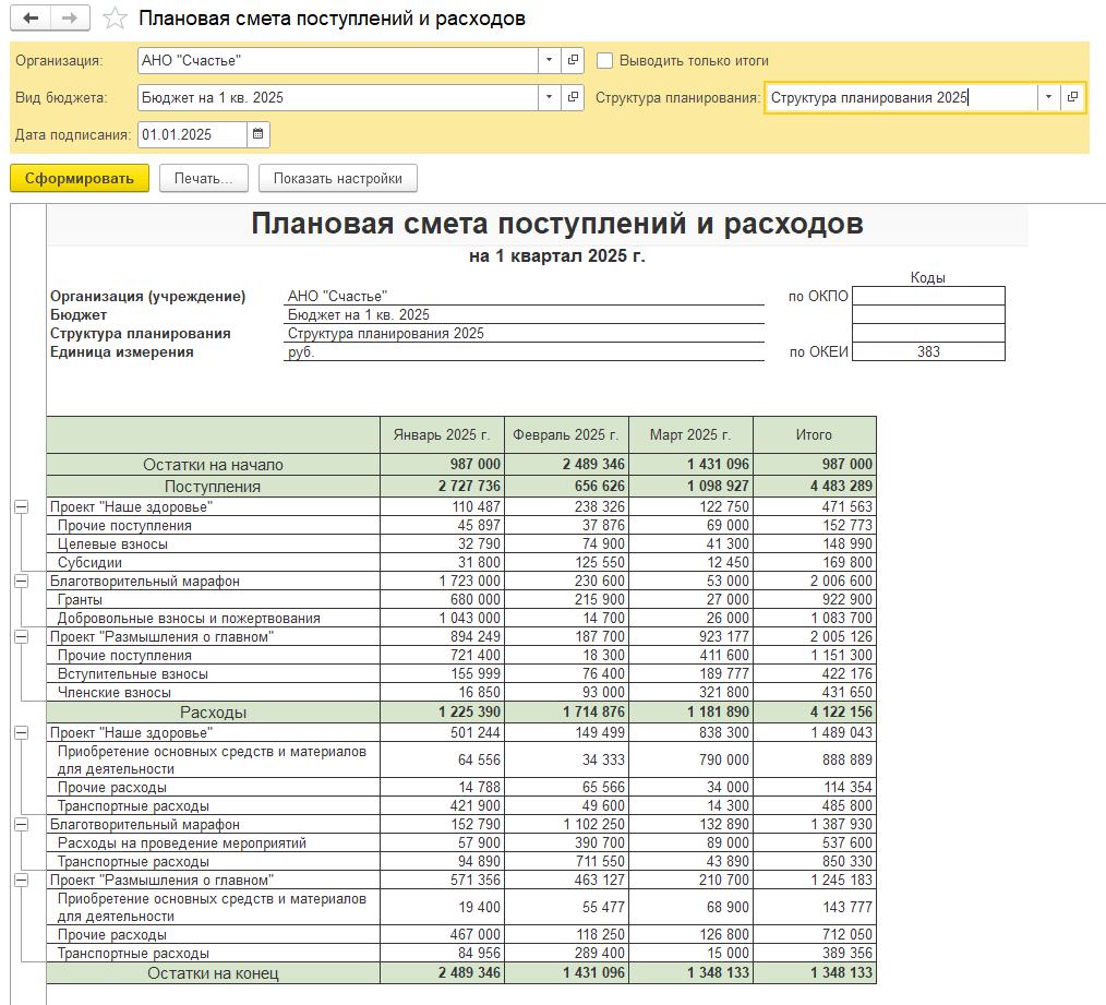 Плановая смета поступлений и расходов